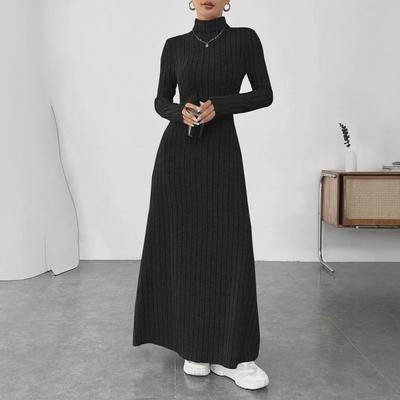 Hochgeschlossenes, schmal geschnittenes, einfarbiges, geripptes Langarmkleid für Damen – Herbst-/Winterkollektion