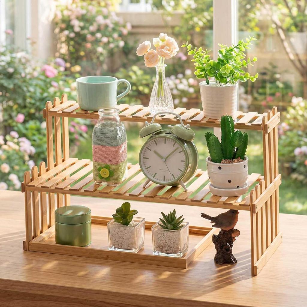 Plants Holder 2-Tier Pot Wooden Organizer desktop Flower Storage Rack Display Shelves for Indoor Balcony Office Garden Home