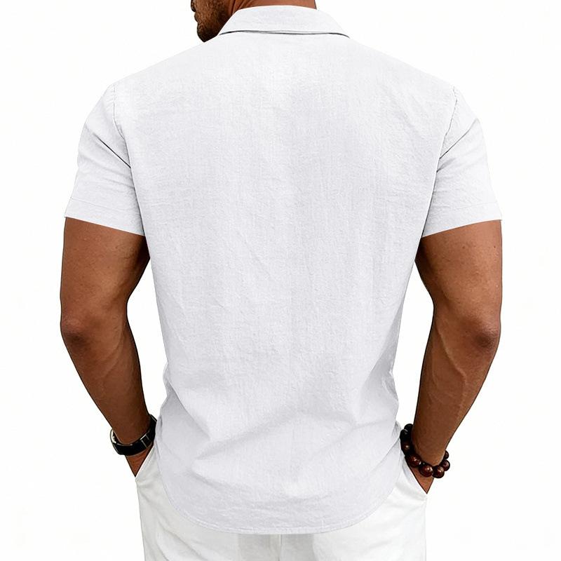 Men's Linen Cargo Short Sleeve Shirt, American Style Casual Double Chest Pocket Loose Button Down Tops for Men