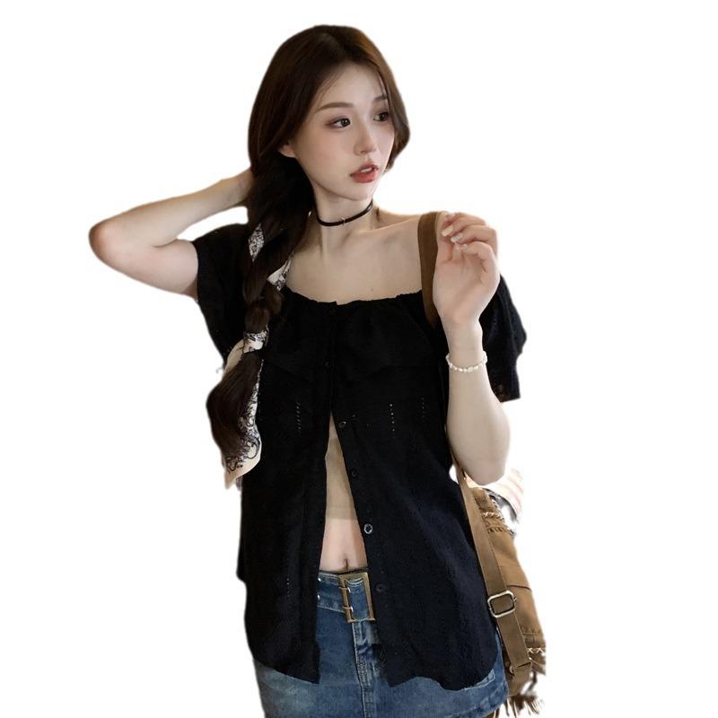 Damstor sommarblus med en axel: Figursmickrande, Unik design med slitsar, Trendig het tjej-look
