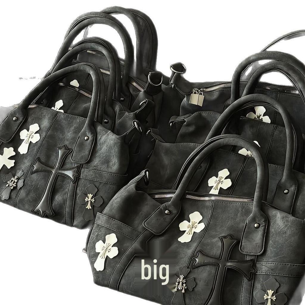 2025 Little Red Book Chrome Hearts Black & White Patchwork Travel Bag with Roman Metal Cross Shoulder Strap