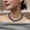 Dive Island Black Shi Jia Pearl Necklace, Collar Chain with Tiny Inlaid Zirconia Round Ring Clasp, Sweater Chain