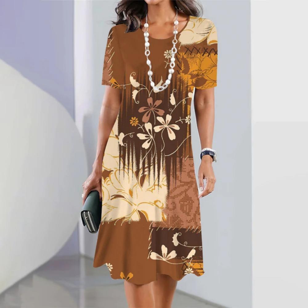 Letnie luźne i eleganckie ubrania damskie Kwiecista sukienka z krótkim rękawem Sukienka na imprezę wieczorową Okrągły dekolt Sweter Ubrania uliczne