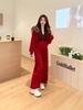 Women's Winter Red Sportswear Set with Fur Collar & Fleece Hoodie - Two-Piece Wide Leg Pants