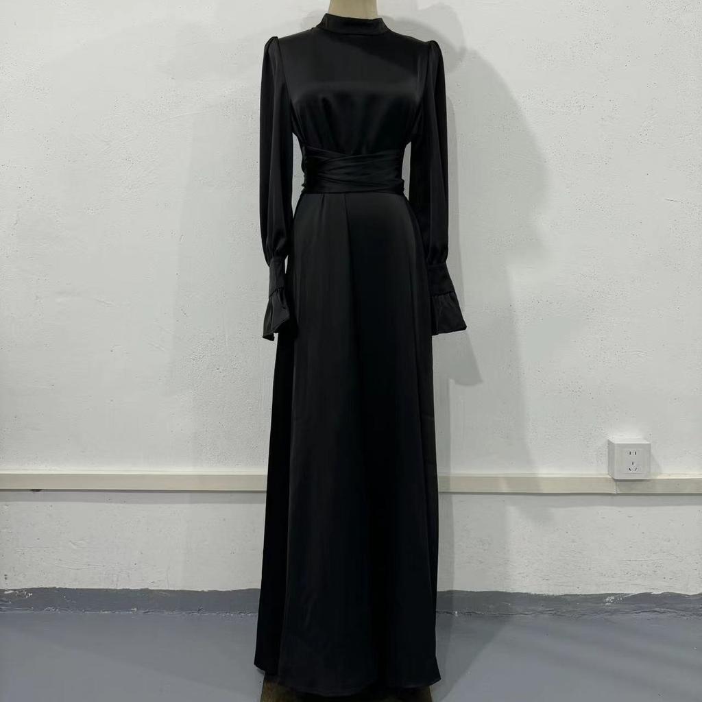 GMXIA Spring Autumn Fall Satin Long Sleeve Half Turtleneck Elegant Women's Waist Dress