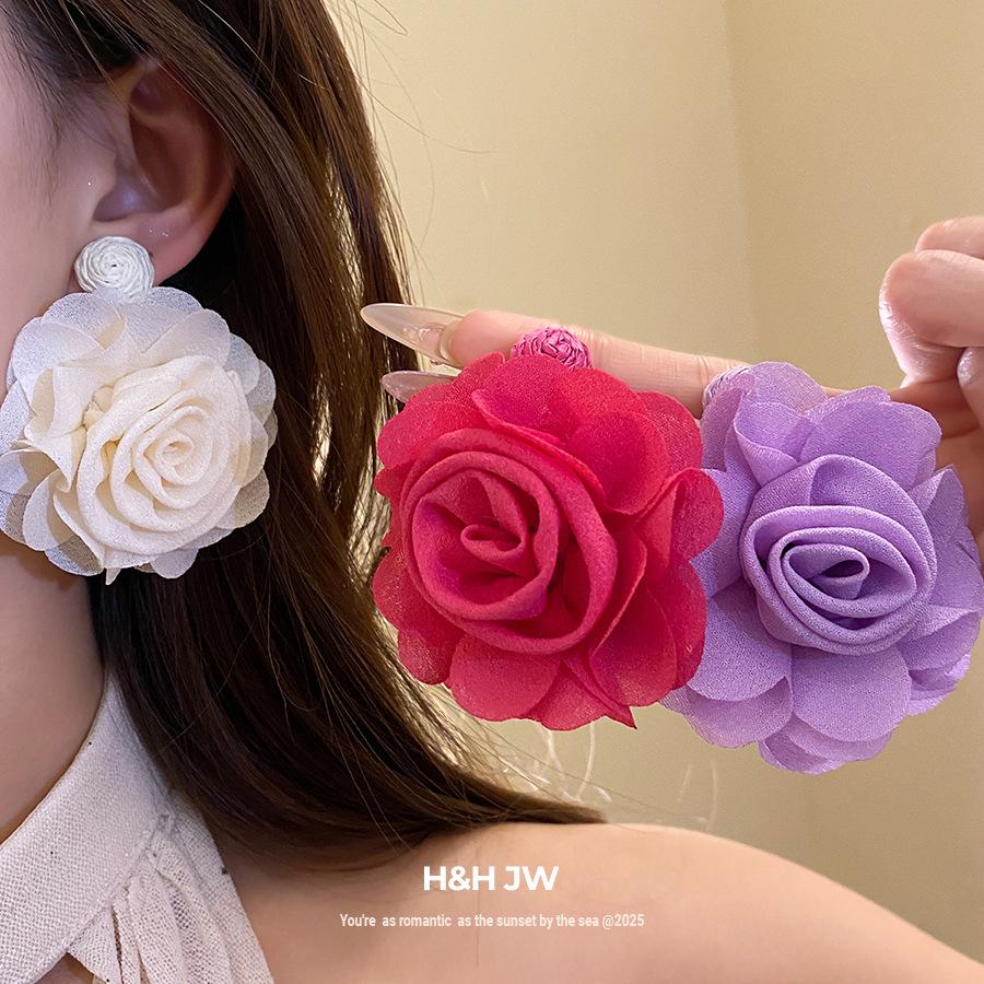 Steel needle raffia chiffon flower pendant earrings new sweet small fresh stud earrings niche high-end earrings