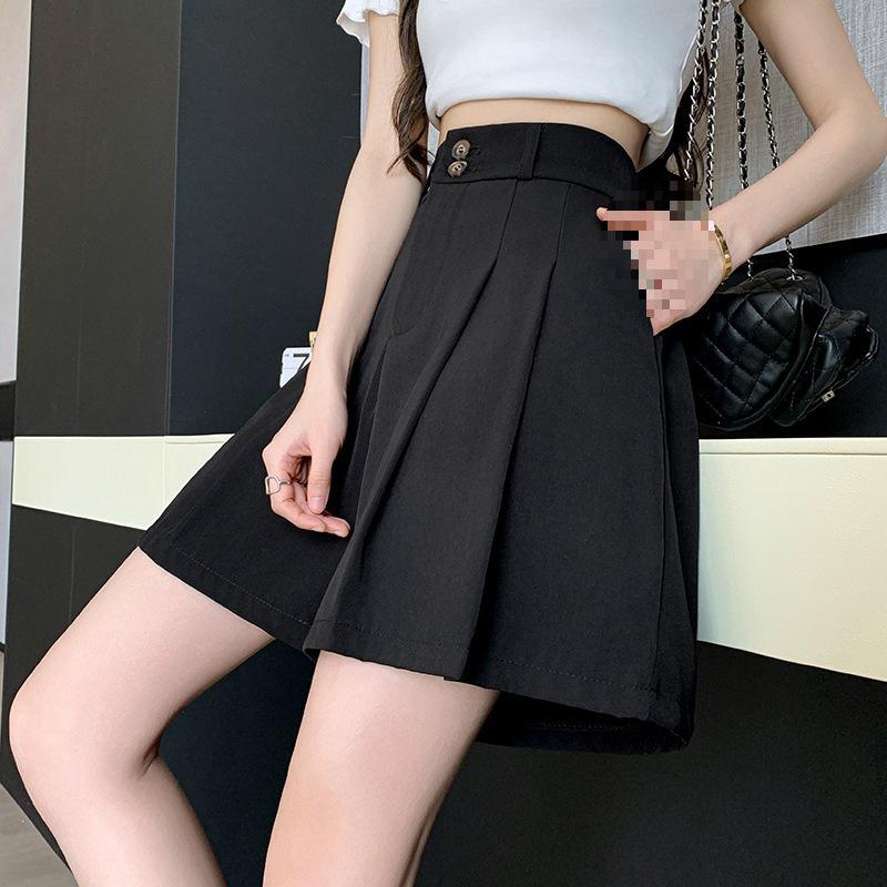 Women's Black High-Waist Wide-Leg Casual Shorts - Slim Fit, Anti-Exposure, Autumn Style, Small Size