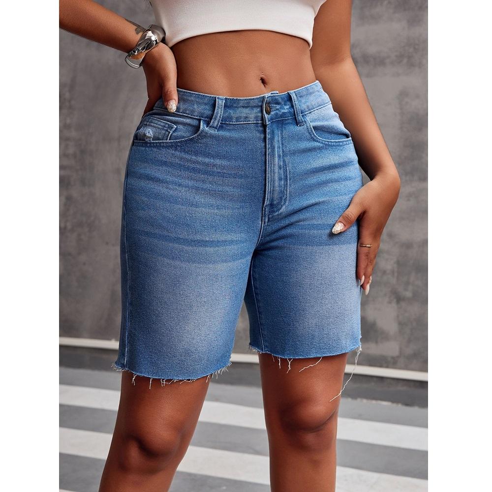 Women Summer Denim Shorts High Waist Solid Color Pockets Jean Short Pants