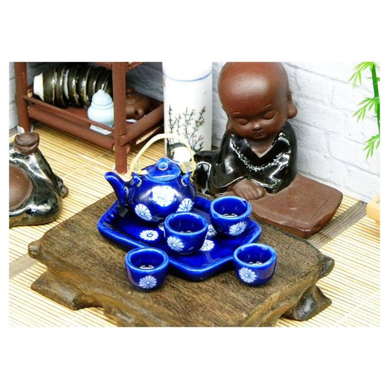 Miniature Teaware Set Model For Children And Collectors With Blue White Porcelain Teapot Cup Tray Doll House Furniture