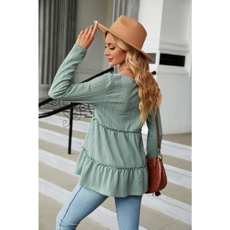 Jarní a podzimní dámská halenka s výstřihem do V Jednobarevný knoflík Patchwork Dlouhý rukáv Volný Top