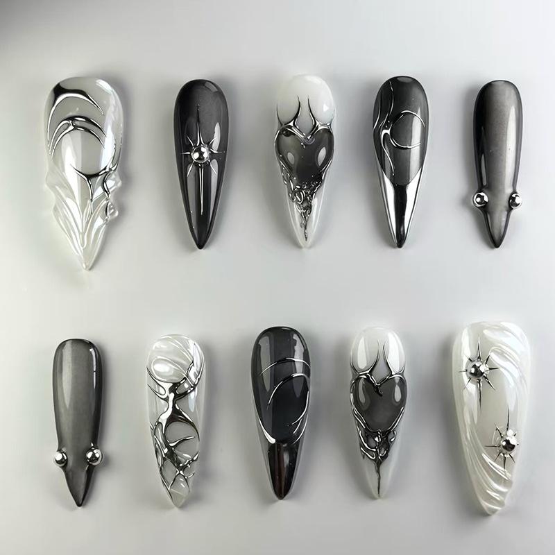24Pcs 3D Green Ripple Design False Nails Cat's Eye French Almond Fake Nail Tips Leaves Pattern Removable Oval Press on Nails