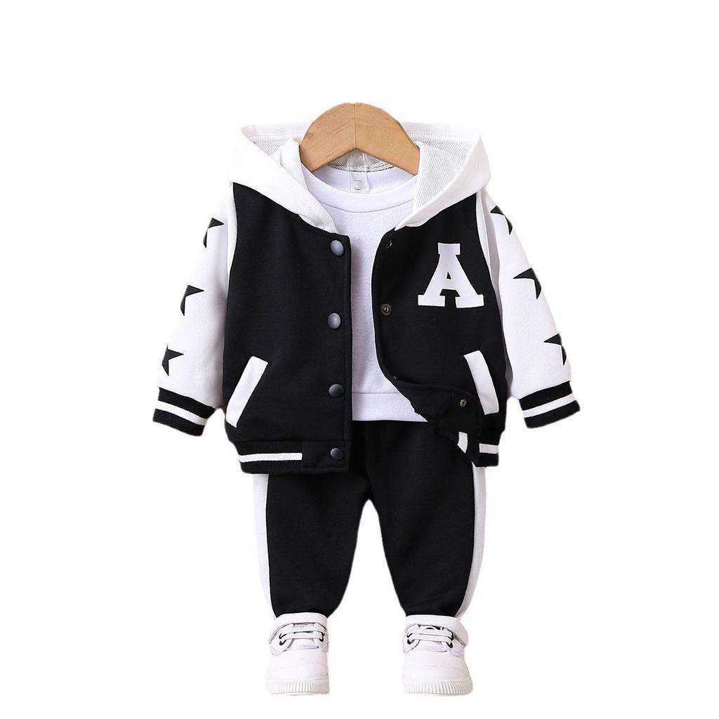 Boys' Hooded Black & White Letter Print Suit for Autumn & Winter