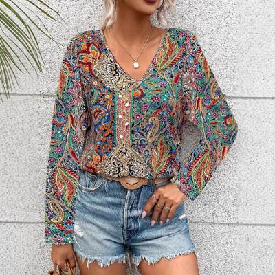 Women's Fashion Printed Trend V-neck Long Sleeved Loose T Shirt