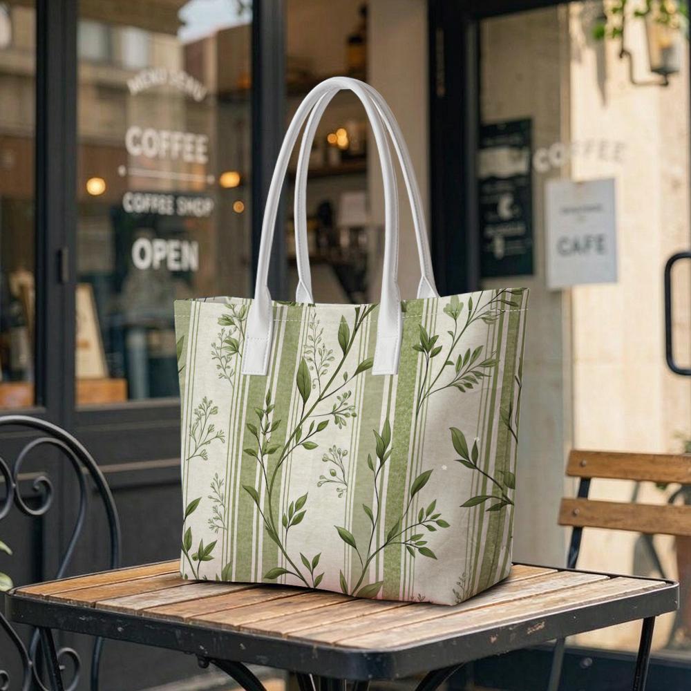 Elegant Green Leaf Striped Tote Bag Ladies Casual Daily Shoulder Bag
