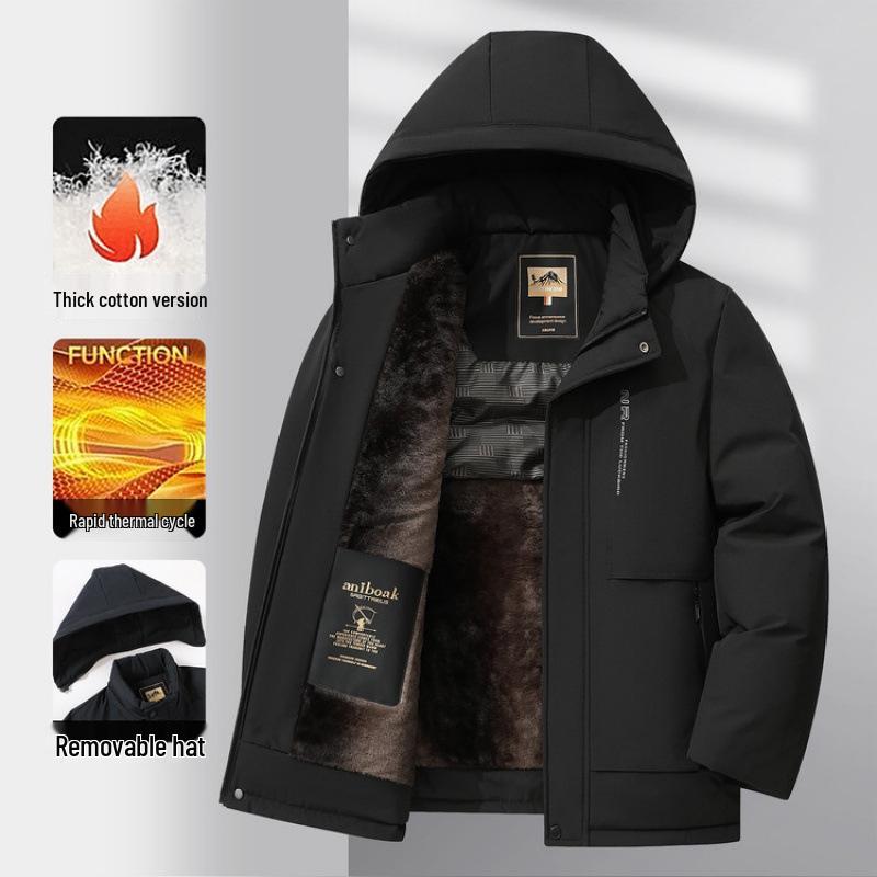 Men's Business Casual Hooded Winter Jacket - Thick Padded Cotton Outerwear for Middle-Aged and Elderly Warmth and Style.
