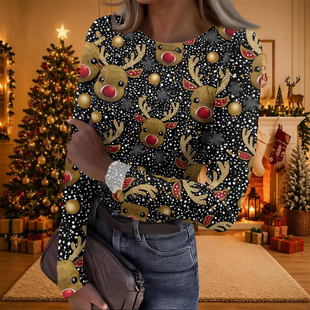 Women's Christmas Print Long Sleeve Round Neck Ribbed Knit Top