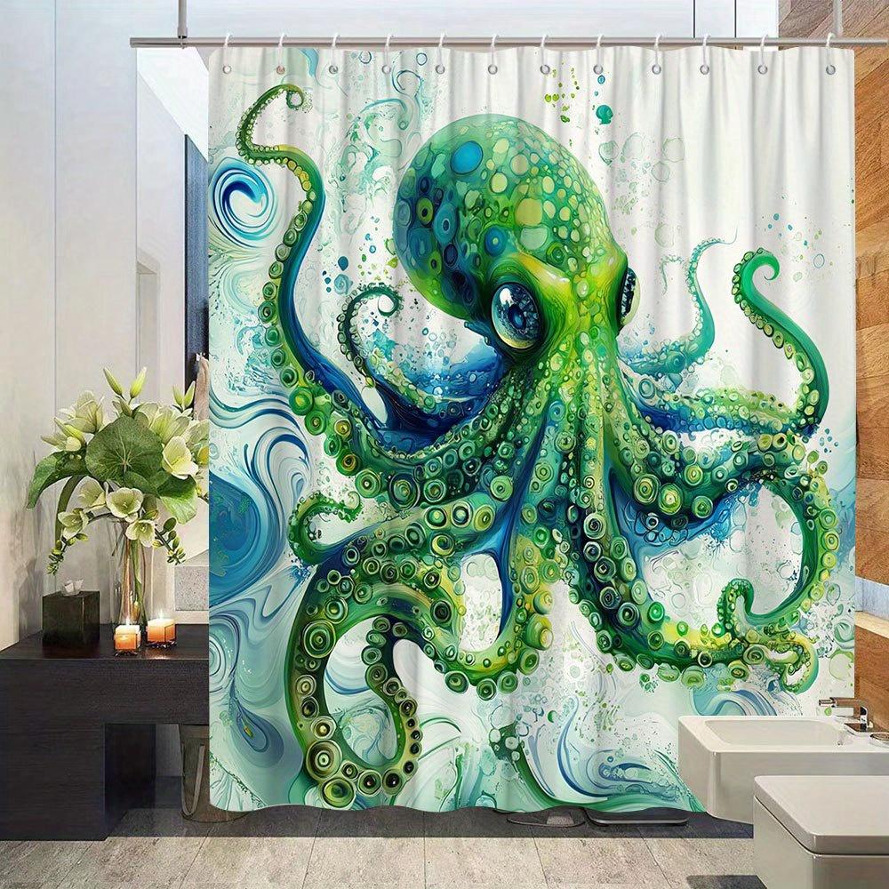 Octopus Watercolor Shower Curtain Green Abstract Octopus With Blue Waves, Vivid Ocean Art Bath Curtain For Creative Home Decor