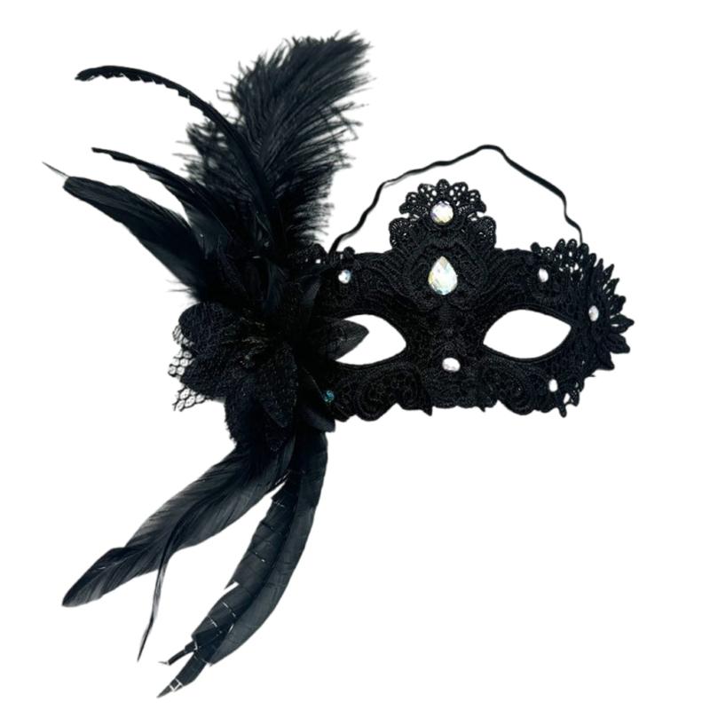 Glittering Feather Plastic Face Cover For Halloween Parties Easy To Wear Costume Mask With Rhinestones Decoration