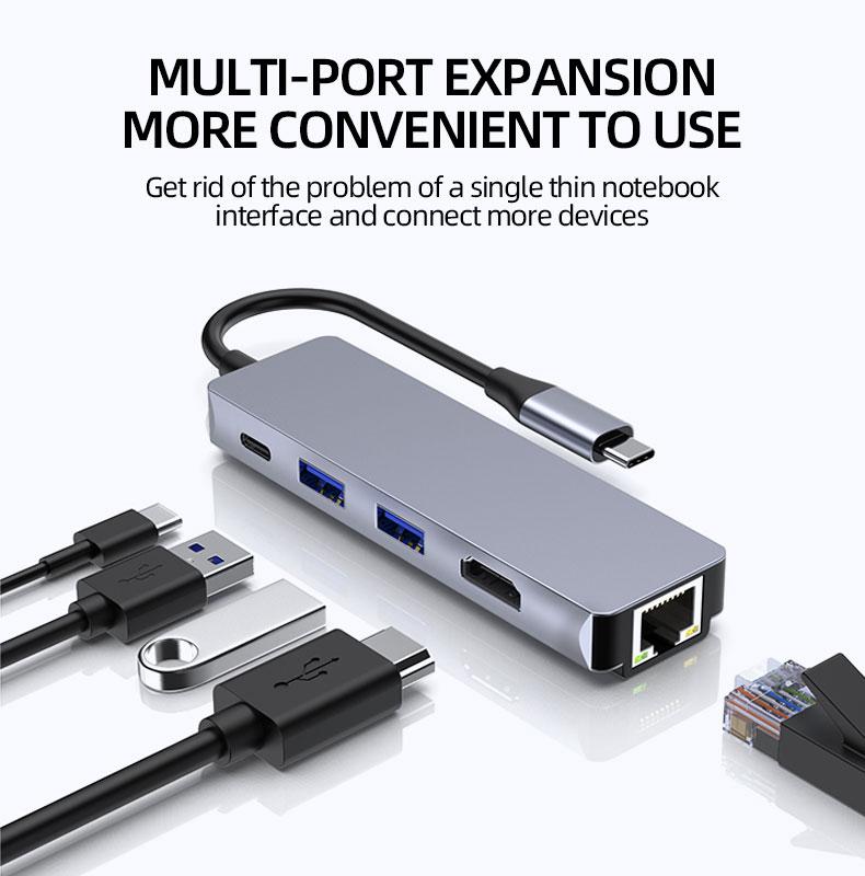 High Quality 5 in 1 USB-C hdmi Hub 5 Ports With 2USB+PD+HDMI+RJ45(1000Mbps) Converter Adapter Fast Charger Type C Hub Multiports