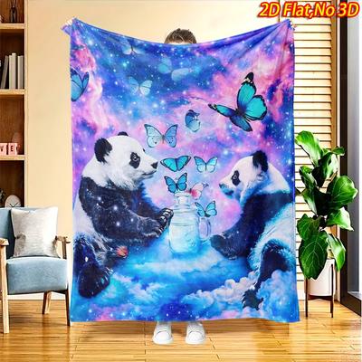1pc 2D Flat Printing Spring And Summer New Arrival Double Panda And Dreamy Butterfly Starry Sky Pattern Digital Print Blanket, All-Season Use, Casual 