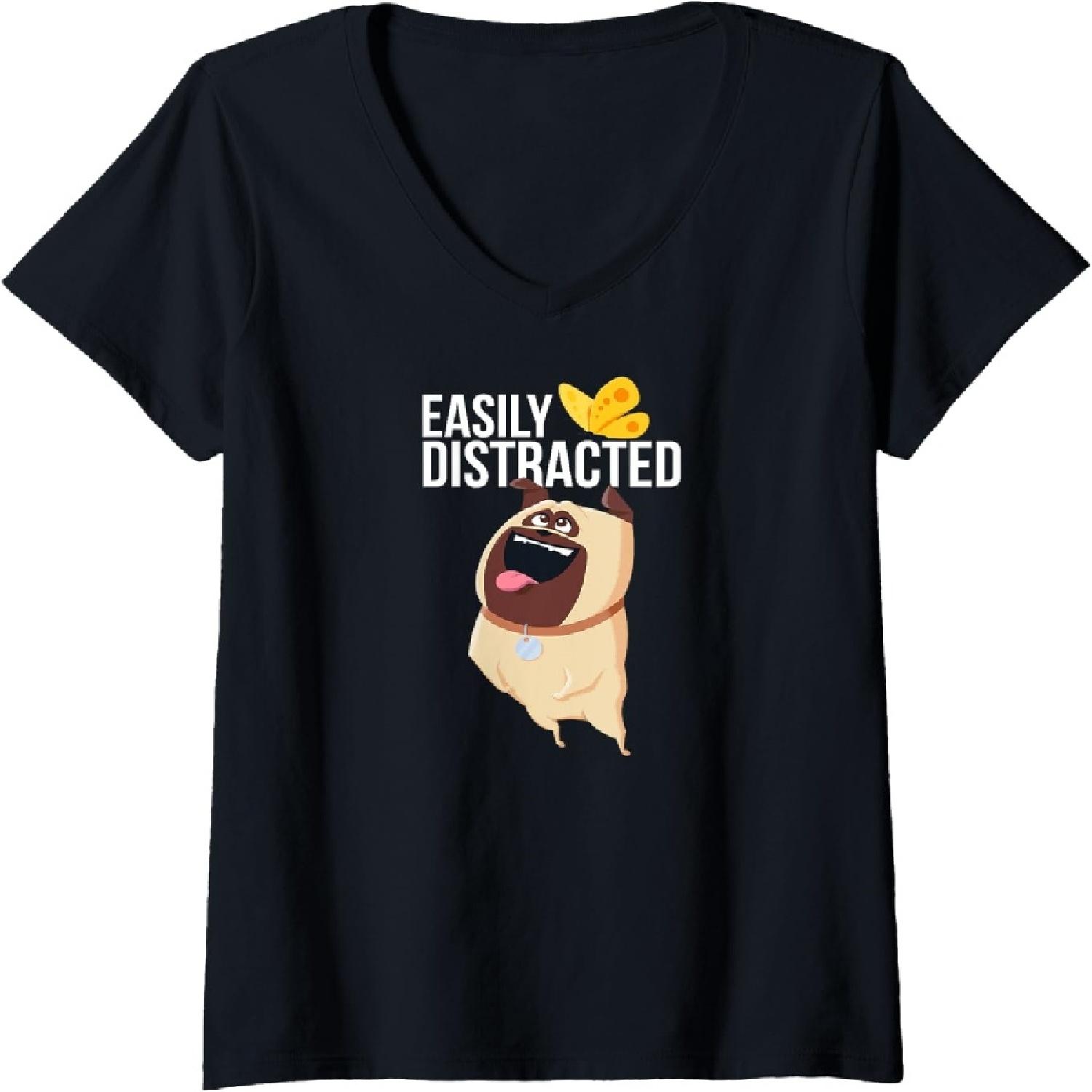 Womens The Secret Life of Pets 2 Mel Easily Distracted V-Neck T-Shirt S