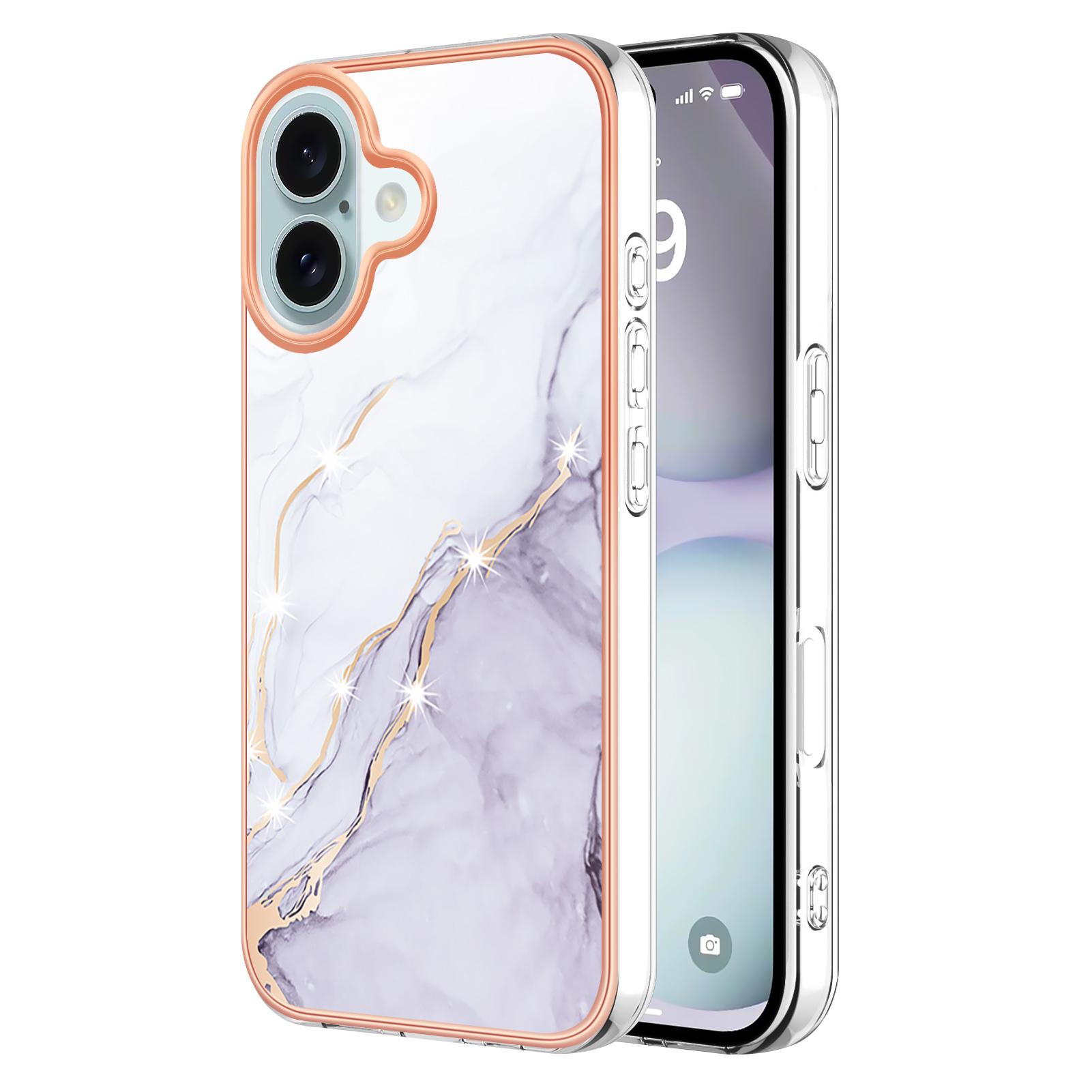 

For iPhone 16 TPU Case with IMD Marble Pattern Electroplated Back Cover White 006