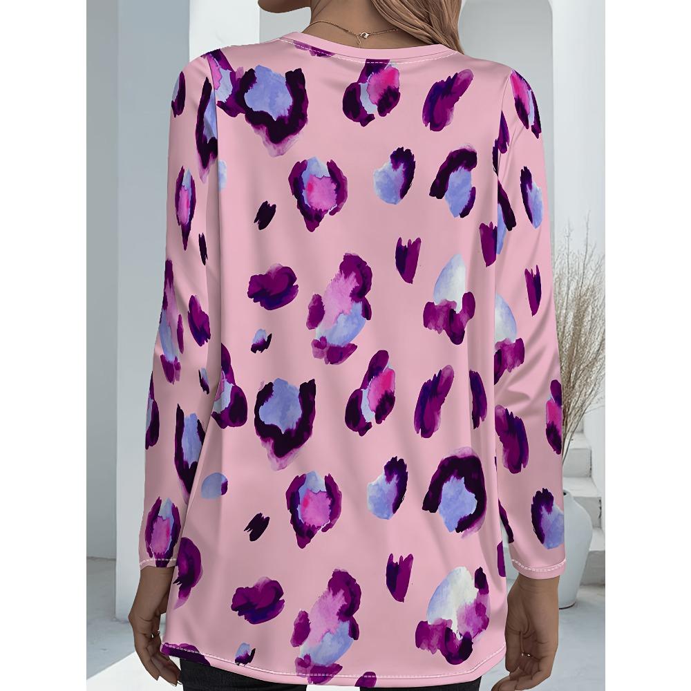 Foundation watercolor leopard print long-sleeved large-size women's T-shirt, double pocket crew neck design