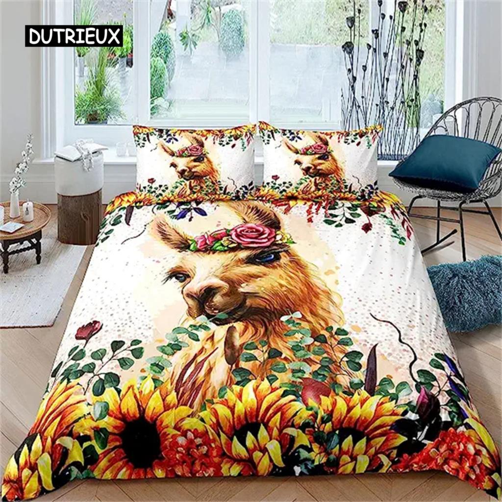 Cartoon Alpaca Duvet Cover Cute Bedding Collection Cartoon Llama Comforter Cover For Boys Girls Teens Animal Theme Bedroom Decor Green