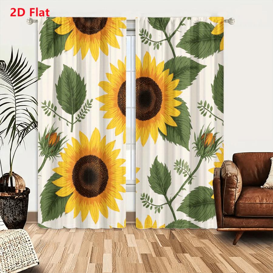 2PCS Digital Printed Curtains, Sunny Day Sunflower Summer Floral Yellow, Window Curtains for Living Room Bedroom Home Decoration
