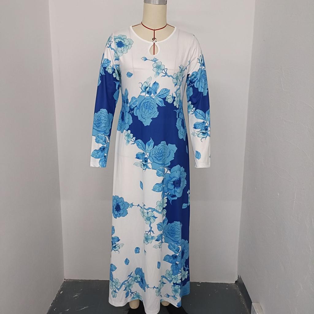 Women's Long Sleeve Round Neck Printed Pocket Long Elegant Dress