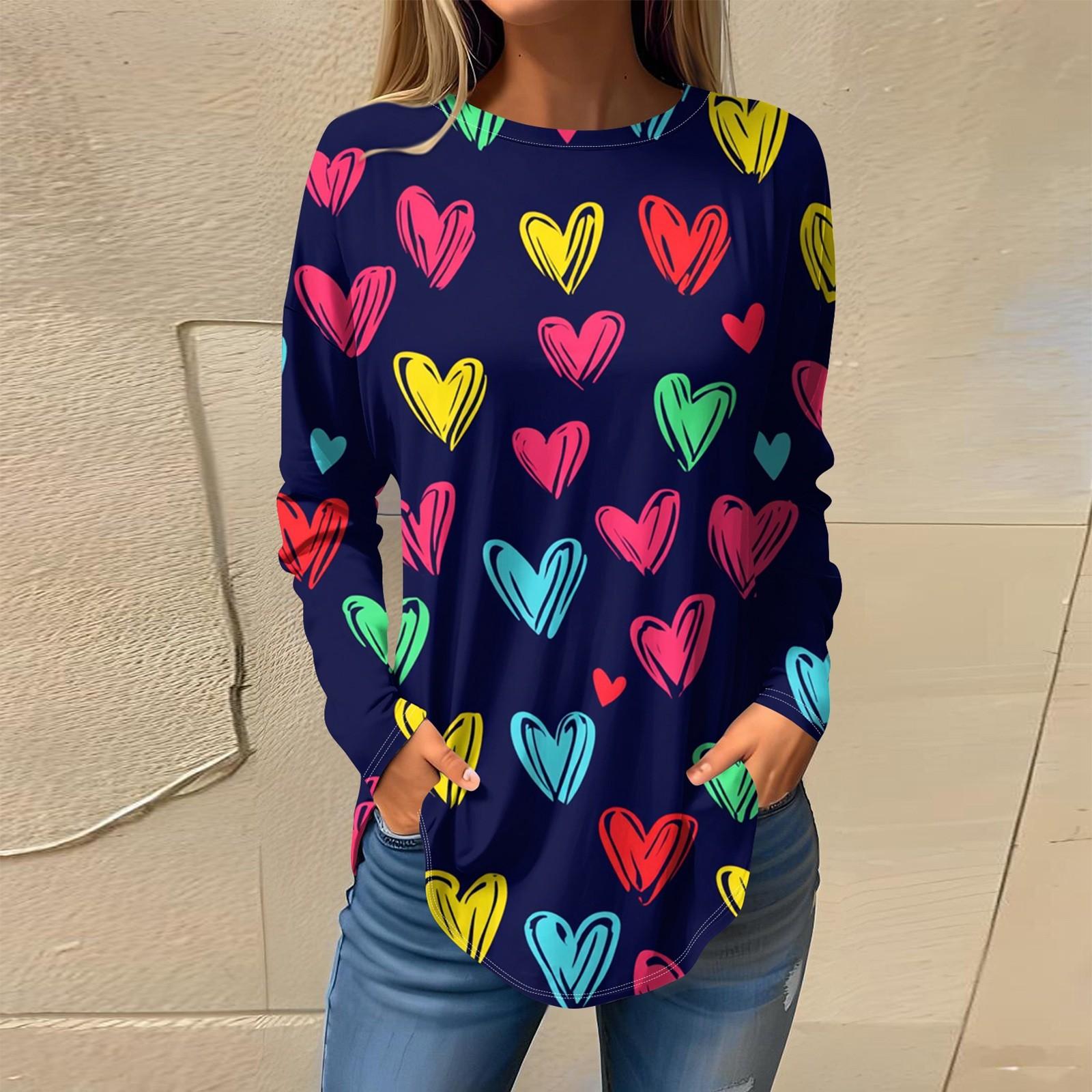 

Футболки женские осенние повседневные рубашки с длинным рукавом толстовка винтажный графический принт топ пуловер ко Дню святого Валентина XL чёрный