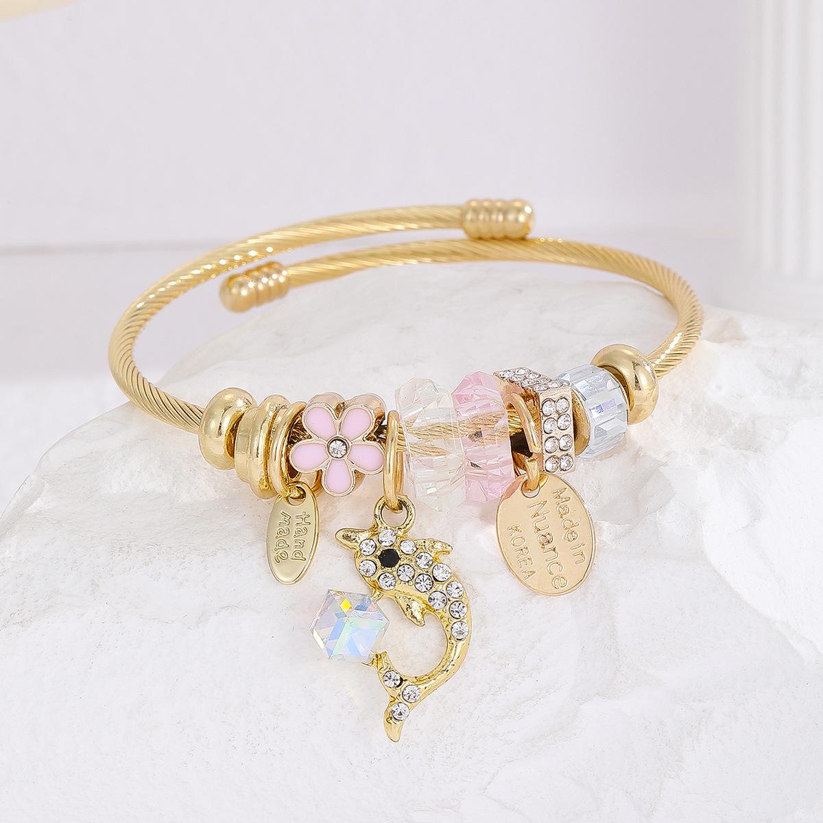 

Gold Stainless Steel Dolphin Pendant Bracelet with Diamonds for Women
