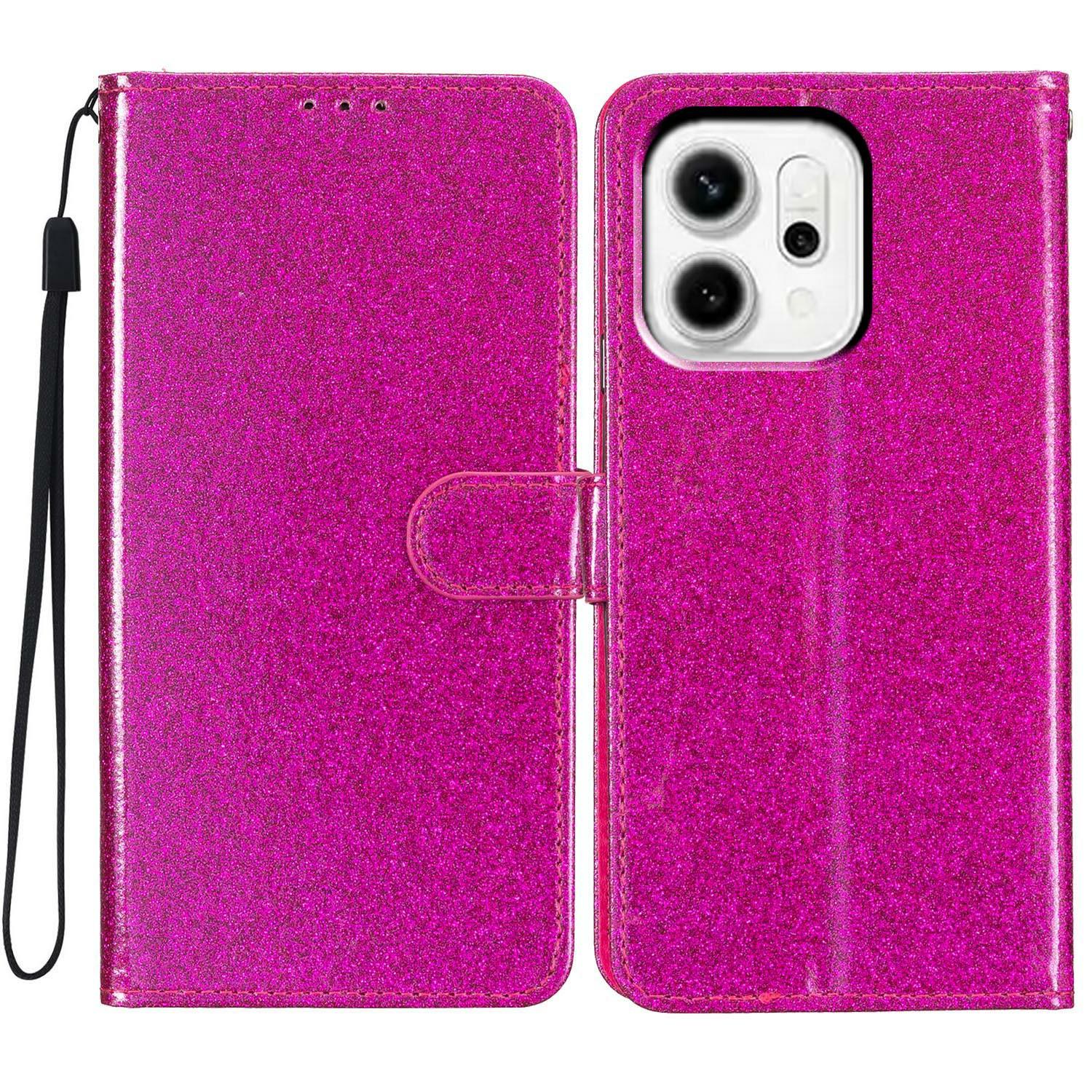 

For Oppo Reno14 Pro 5G (Global) Wallet Case Glitter Anti-Scratch Leather Stand Phone Cover with Strap Rose