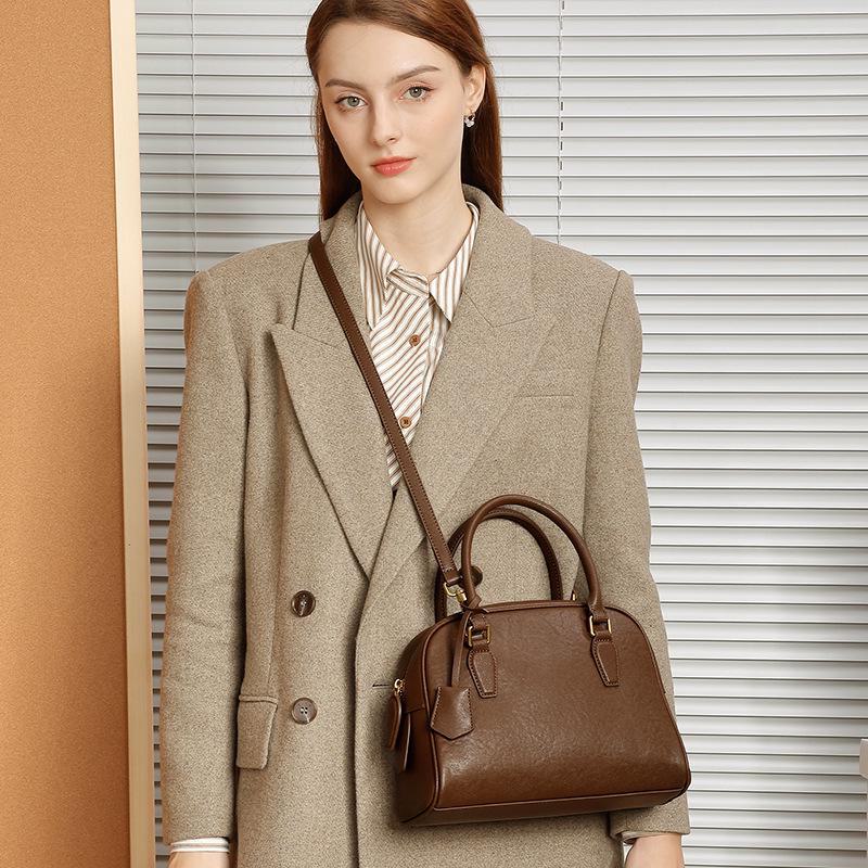 Women's Genuine Cowhide Leather Boston Bag - Minimalist Large Capacity Handbag