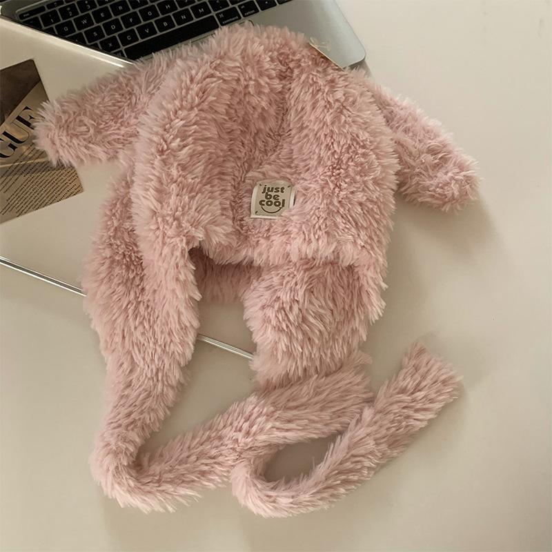 Rabbit Ears Knitted Plush Hat Women's Autumn and Winter Warm and Cold-proof Baotou Hat Versatile Ear Protector Lei Feng Hat Wool Hat