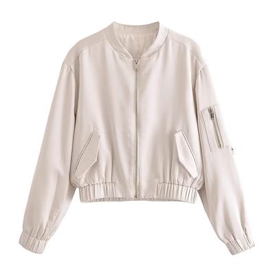 Women's Solid Color Round Neck Spring and Autumn Zip Jacket