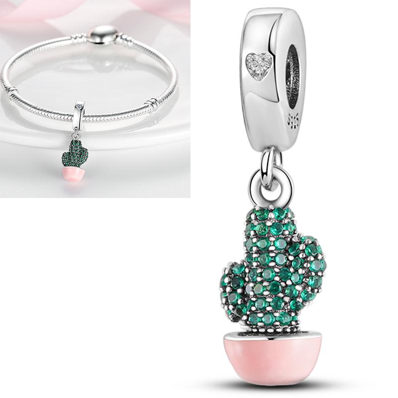 Neuer 925er Silber Kaktus Kleeblatt Anhänger Frühlingsgrüne Serie Perlenanhänger Für Original Perlenarmband DIY Schmuck