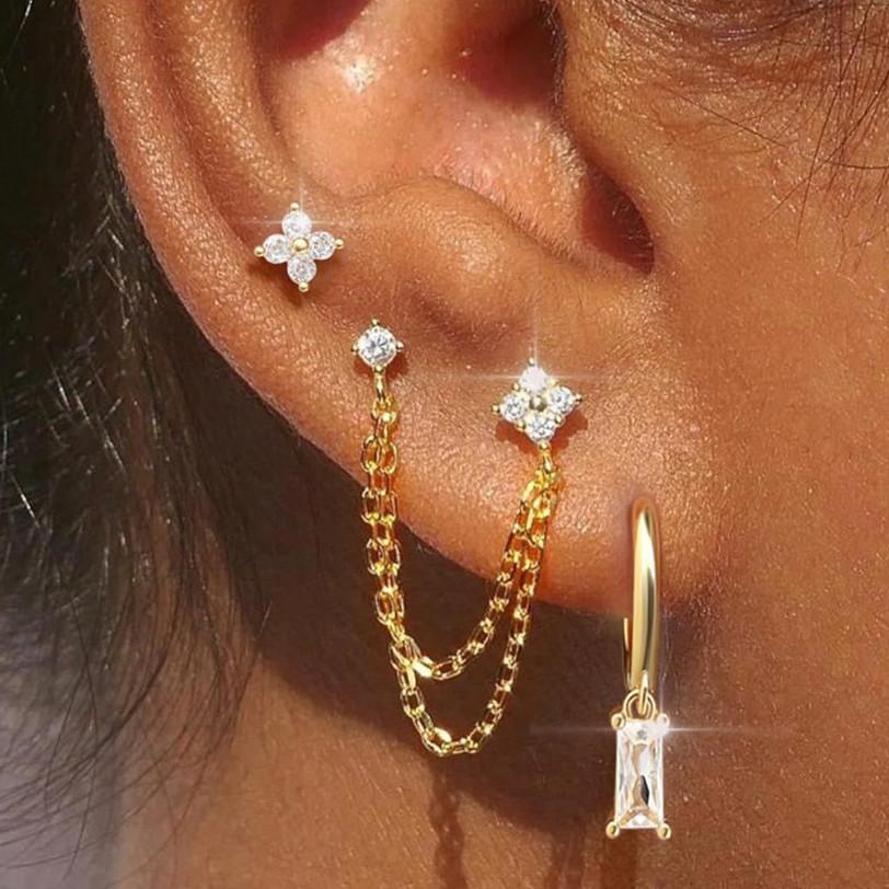 3PCS New Fashion Four Zircon Flower Hoop Earring Set For Women Stainless Steel Double Stud Chain Tassel Huggie Piercing Jewelry