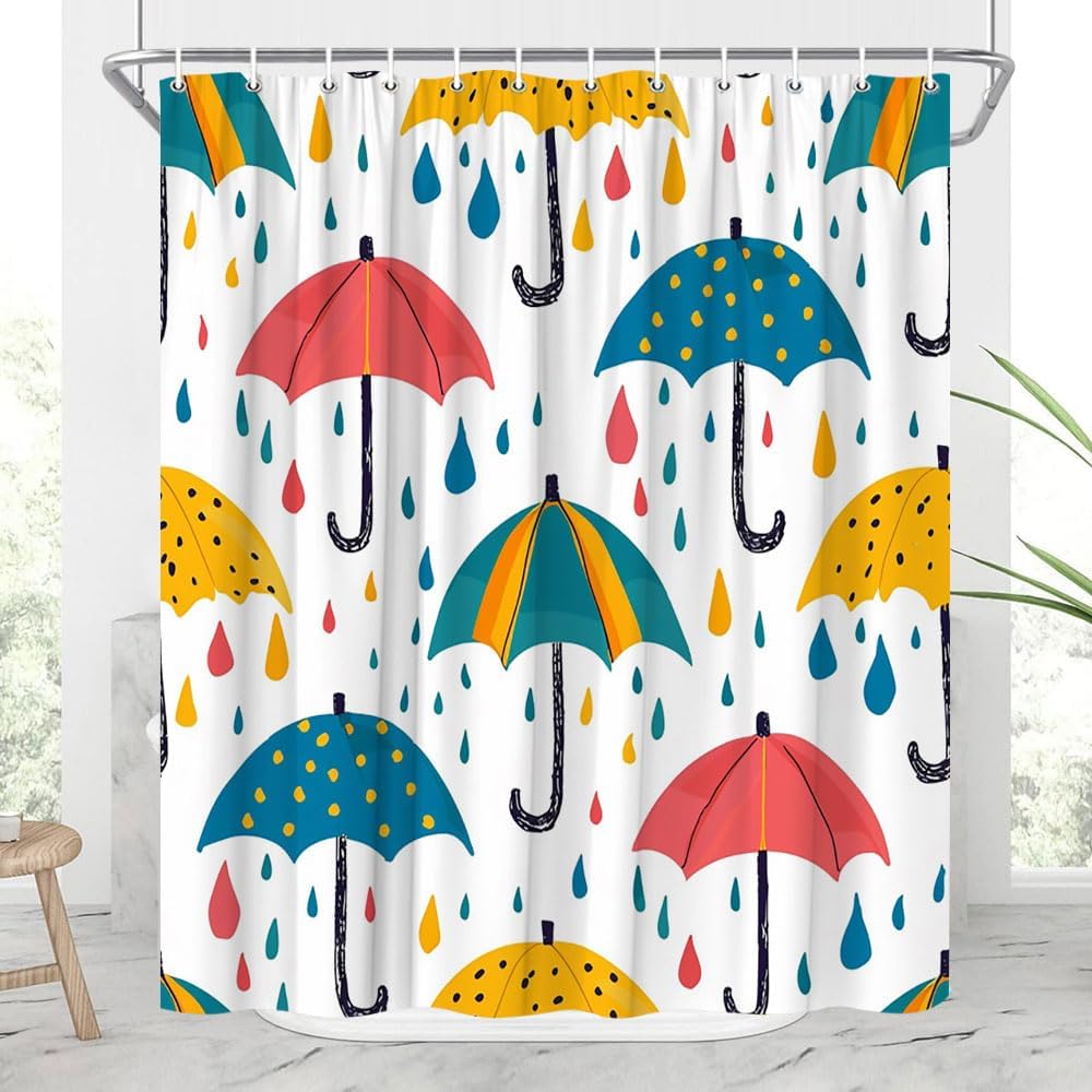 Colorful Umbrellas and Raindrops Shower Curtain Vibrant Pattern with Pink Yellow and Blue Umbrellas Rainy Day Weather Bathroom 90x180CM