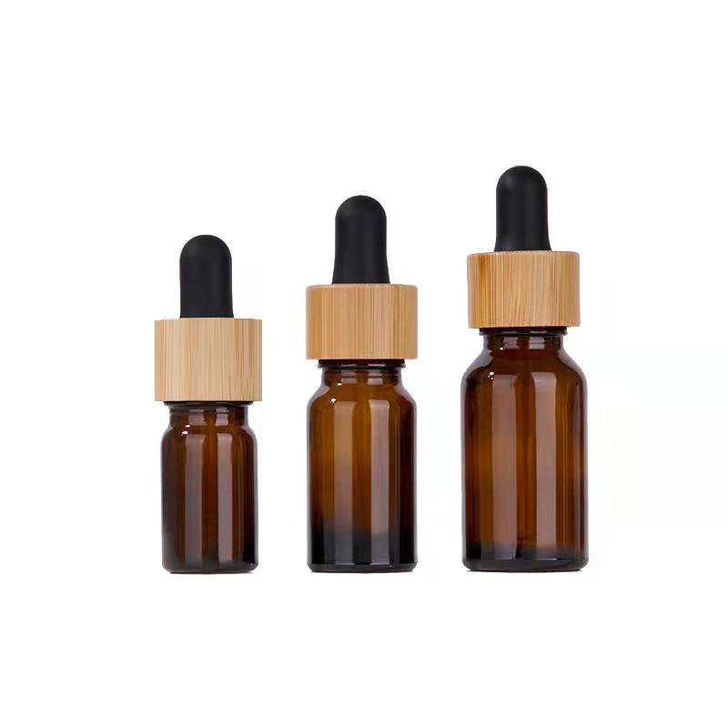 5-100ml Amber Glass Essential Oil Bottle with Bamboo Wood Lid, Dropper Refillable Container for Serum