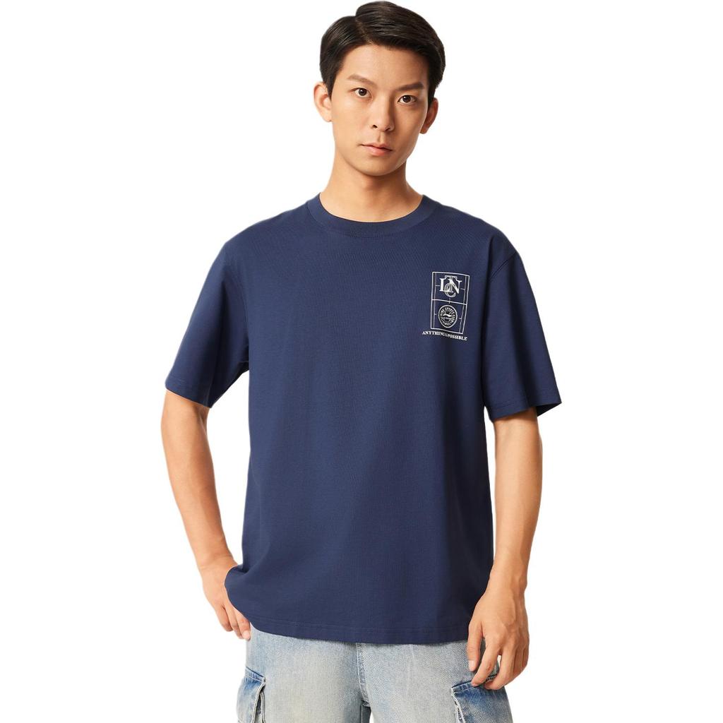 Li Ning Sports Lifestyle Series Letter Casual Simple Round Neck Pullover Short Sleeve T-Shirt Men T-Shirts Deep-Navy AHSV481-3