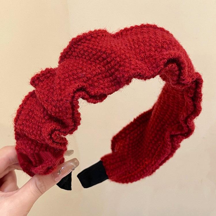 2024 Red Knitted High Crown Pleated Wool Headband for Women - Festive & Elegant