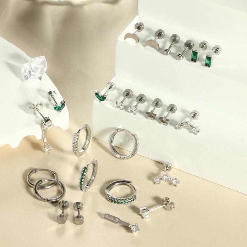 Nonallergenic Blocky Zirconia Ear Posts Set Surgical Steel Thin Jewelry For Sensitive Hearing Multiple Styles
