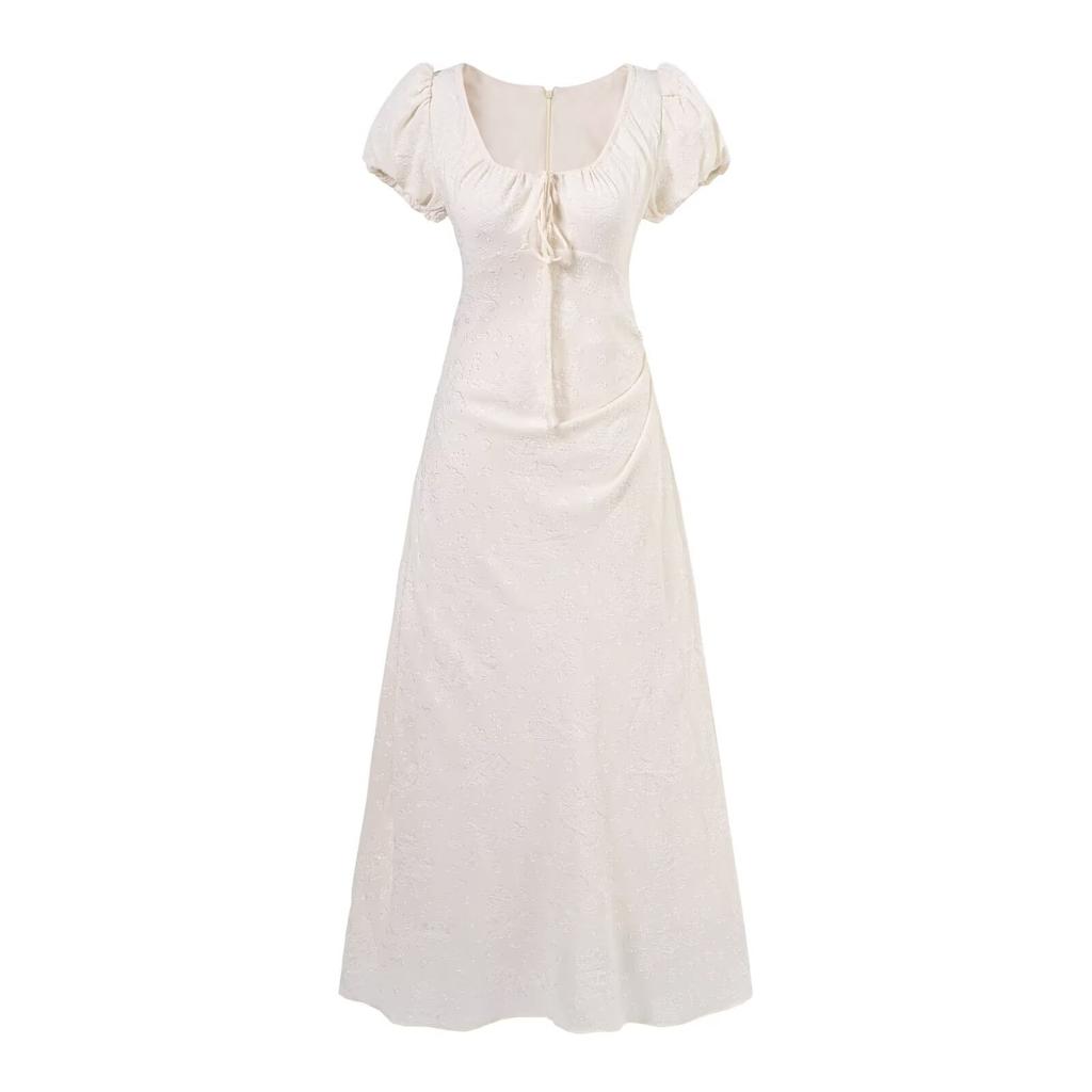 French Bubble Sleeves, Gentle Wind Temperament, Elegant Jacquard Drawstring Dress, Women's High-end Feeling, Waist and Thin Long Dress, Summer