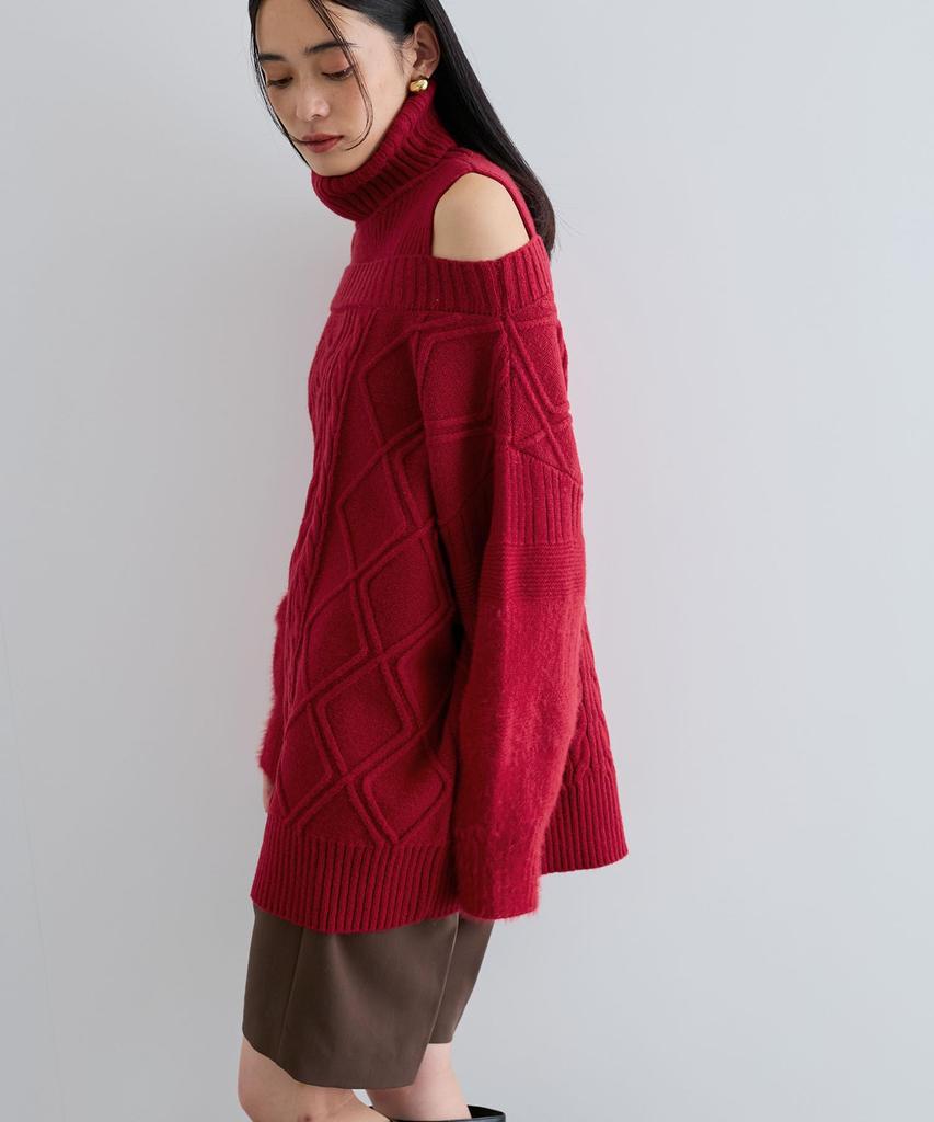 Washable Cable Knit Red F [BIS] Off-the-Shoulder Dress, Women's, BVE44140, (Size 60),