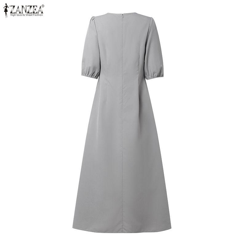 ZANZEA Abito Lungo Casual da Donna Girocollo Manica Corta Tinta Unita