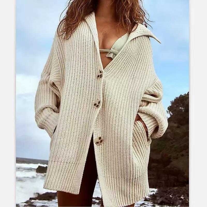 

Autumn and winter new women s clothing solid color lapel knitted cardigan button medium and long coat women s casual fashion