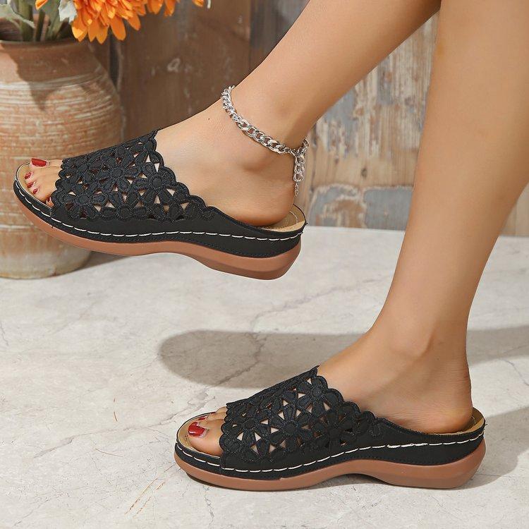 Summer simple casual flower hollow PU medium heel women's wedge slippers