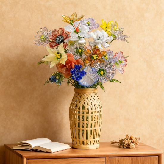 Ručně foukaná skleněná květinová dekorace s drátěným stonkem, ručně vyráběná figurka s barevnou glazurou, květinová váza, ozdoba do domácího obývacího pokoje, na kancelářský stůl