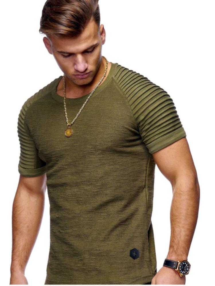 

Men s Round Neck Slim Fit Pleated Layered Shoulder Sleeves Solid Color T-shirt XL зелений